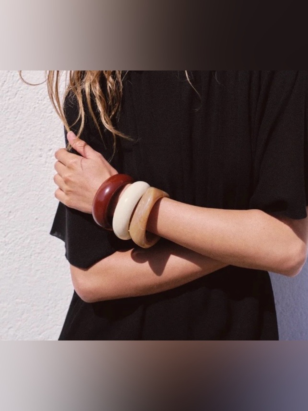Zara NWT Set of 3 Wood &  Resin Bracelets | Ivory & Brown Chunky Stack